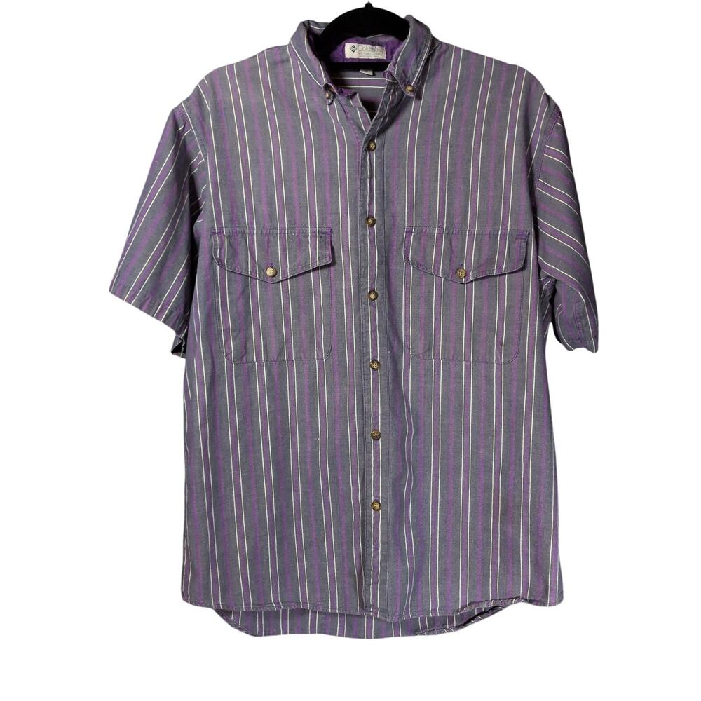 VTG 90s Columbia Men's Casual Button Up Shirt Purple Stripe Short Sleeves Medium